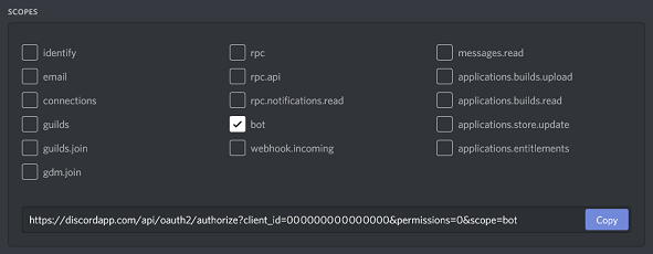 The scopes checkbox with "bot" ticked.